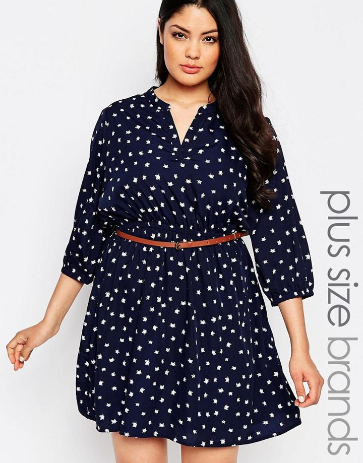Yumi Plus Skater Dress With Belt In Fox Print - Navy