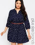 Yumi Plus Skater Dress With Belt In Fox Print - Navy