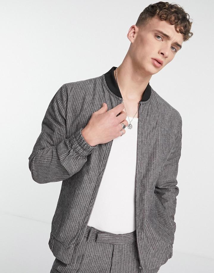 Asos Design Coordinating Smart Slim Bomber With Gray Prinstripe-grey