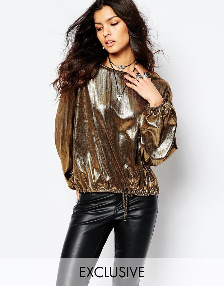 Reclaimed Vintage Metallic Long Sleeve Top With Tie Bottom - Gold
