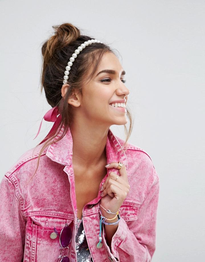 Asos Pearl Ribbon Tie Headband - Cream