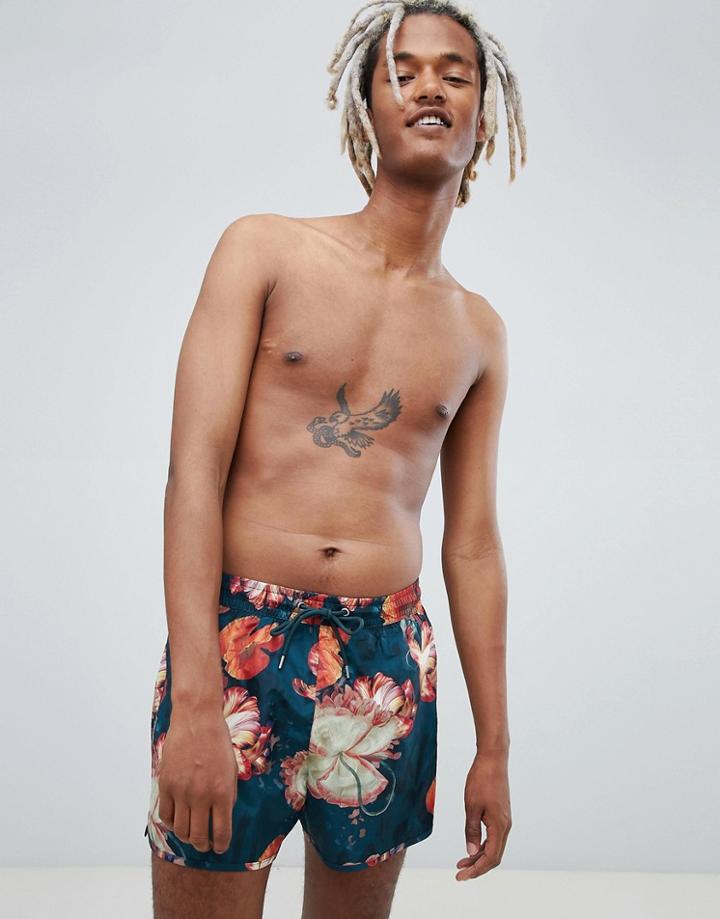Weekday Swim Shorts In Green With Tropical Print - Green