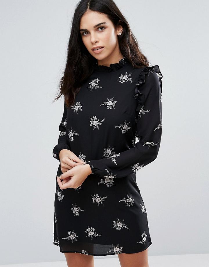 Fashion Union Floral Shift Dress - Black