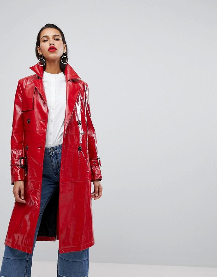 Neon Rose Oversized Trench Jacket In High Shine Vinyl - Red