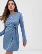 Fashion Union Wrap Dress With Tie Detail In Satin - Blue