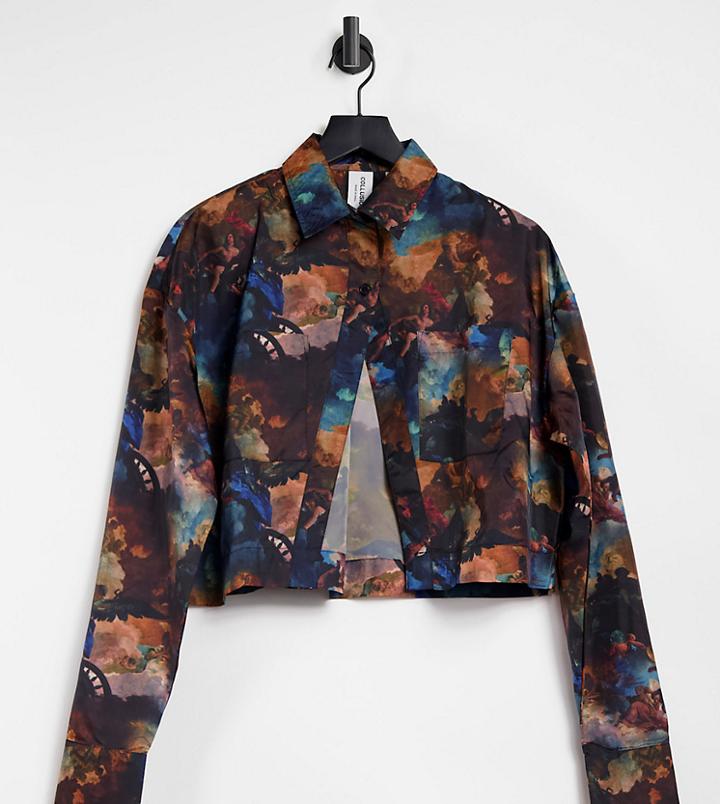 Collusion Cropped Taffeta Shirt In Renaissance Print-multi