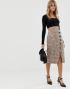 Miss Selfridge Midi Skirt With Popper Detail In Check - Brown