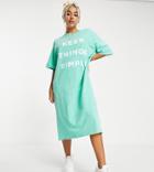 Native Youth Very Oversized Midi T-shirt Dress With Simple Print In Vintage Wash-green
