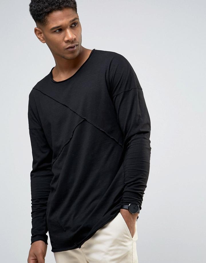 Only & Sons Longline Long Sleeve T-shirt With Raw Stitch Detail - Blac