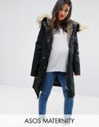 Asos Maternity Duffle Coat With Faux Fur Hood - Black