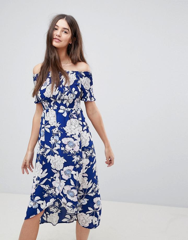 Ax Paris Ruched Off Shoulder Midi Dress - Blue