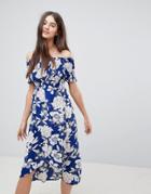 Ax Paris Ruched Off Shoulder Midi Dress - Blue