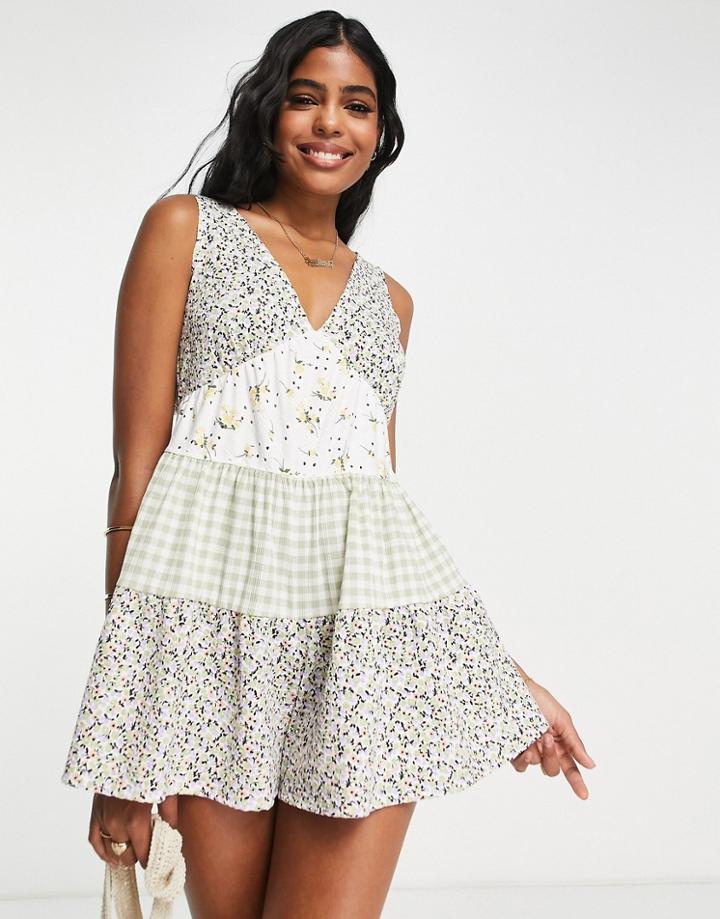 Asos Design Tiered Smock Tie Back Romper In Mixed Print-multi