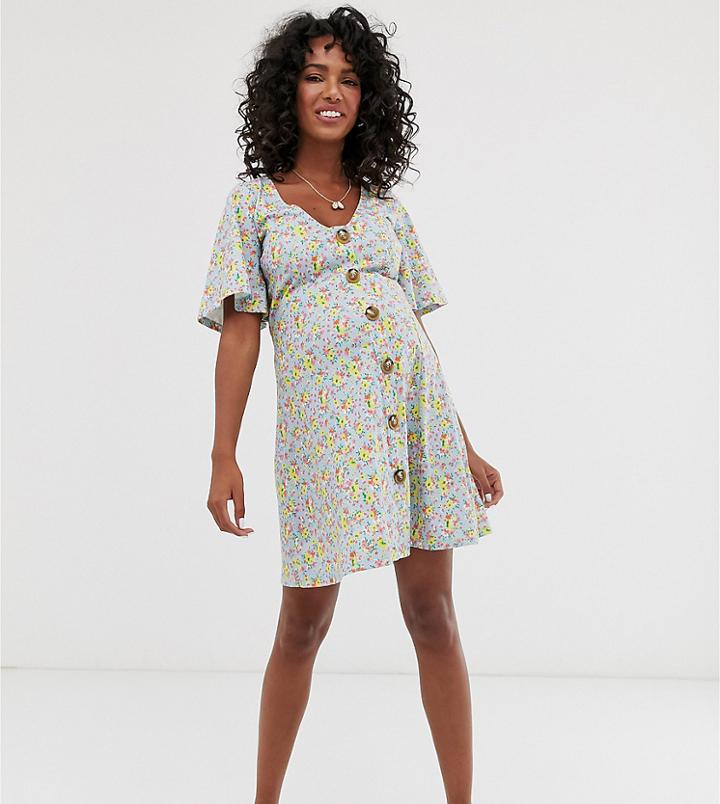 Asos Design Maternity Mini Tea Dress In Ditsy Print With Tie Back-multi