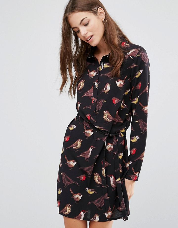 Yumi Bird Print Shirt Dress - Black