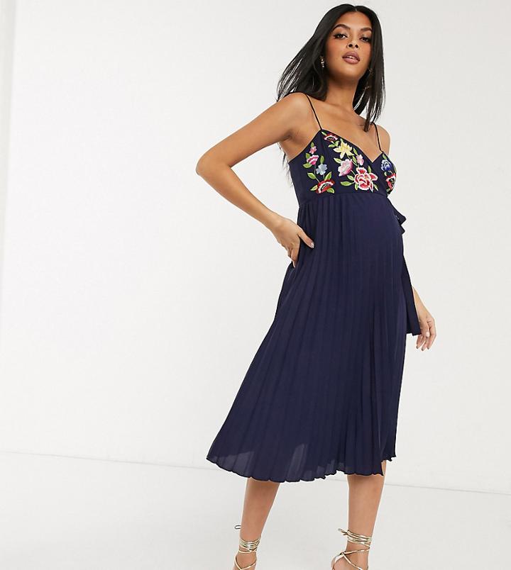 Asos Design Maternity Embroidered Pleated Cami Wrap Midi Dress In Navy