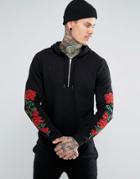 Asos Oversized Hoodie With Half Zip & Rose Embroidery - Black