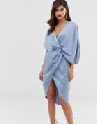 Asos Design Midi Dress In Satin With Asymmetric Kimono Sleeve-blue