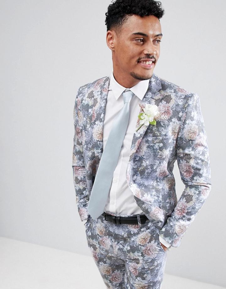 Boohooman Wedding Skinny Fit Suit Jacket With Floral Print In Multi - Multi