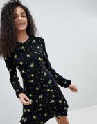 Nobody's Child Long Sleeve Dress With Flutter Hem In Vintage Floral - Black