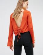 First & I Open Back Blouse With Lace Up Waist - Orange
