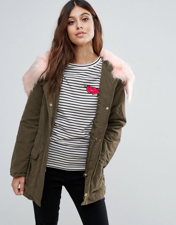 Ax Paris Parka With Faux Fur Trim - Green