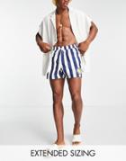 Asos Design Swim Shorts In Navy Stripe With Lemon Print In Short Length