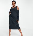 Asos Design Curve Midi Ribbed Column Dress With Fingerless Glove Sleeves-black