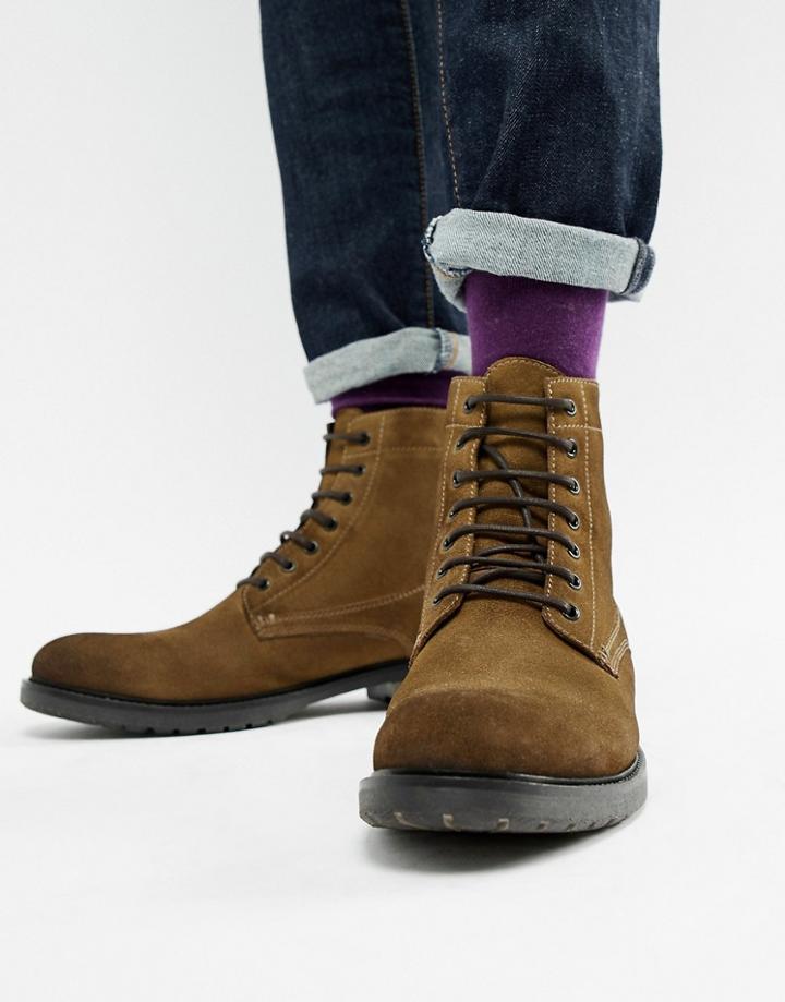 Asos Design Lace Up Worker Boots In Dark Stone Suede