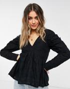 Asos Design Long Sleeve Broderie Batwing Top In Black