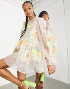 Asos Edition Mini Smock Dress In Organza With Embroidered Neon Floral In Blush-pink
