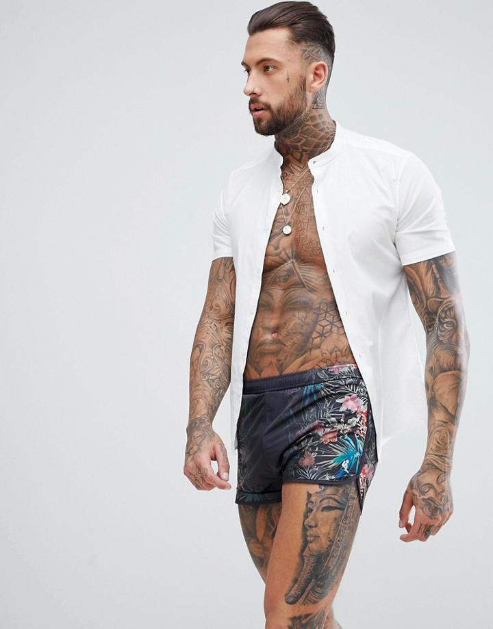 Religion Swim Short With Tropical Floral Print - Black