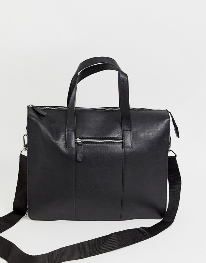 Asos Design Leather Satchel In Black And Metal Zip