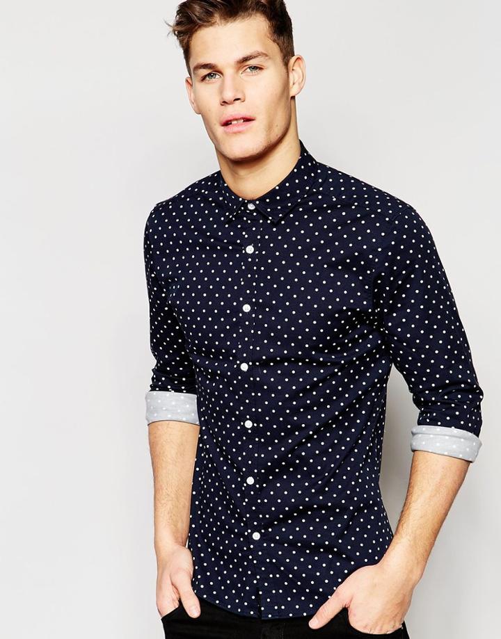 Asos Skinny Polka Dot Shirt In Navy With Long Sleeves - Navy