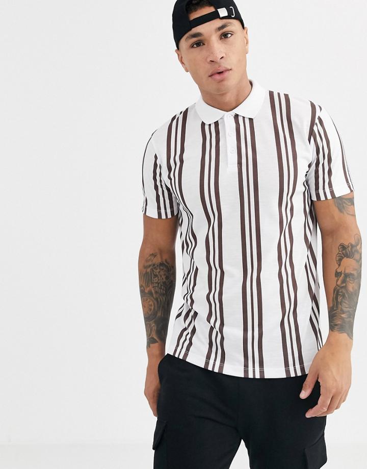 Asos Design Vertical Stripe Polo In Beige And White-multi