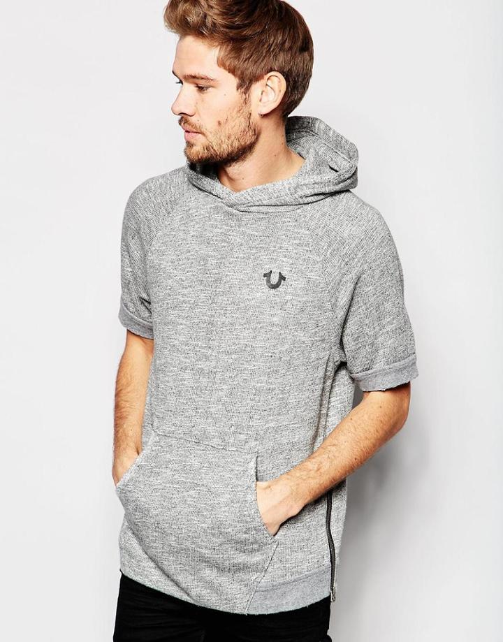 True Religion Short Sleeve Distressed Logo Hoodie - Heather Gray