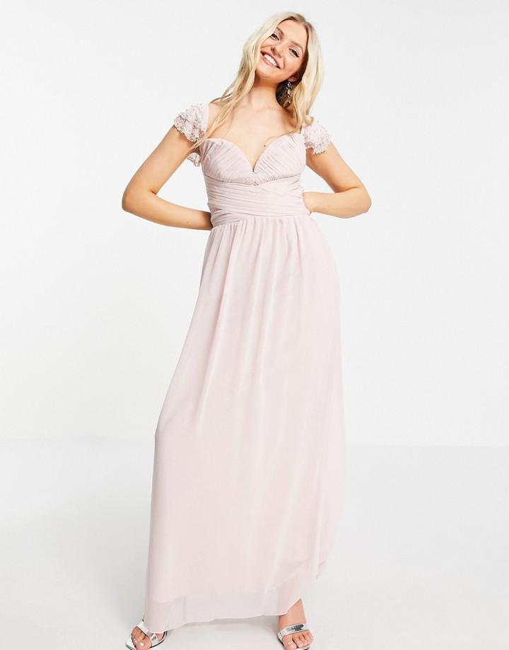 Little Mistress Embellished Flutter Sleeve Twist Waist Maxi Dress In Blush-pink