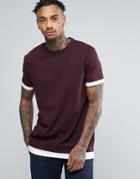 Asos Longline T-shirt In Heavyweight Jersey With Contrast Cuff And Hem - Red