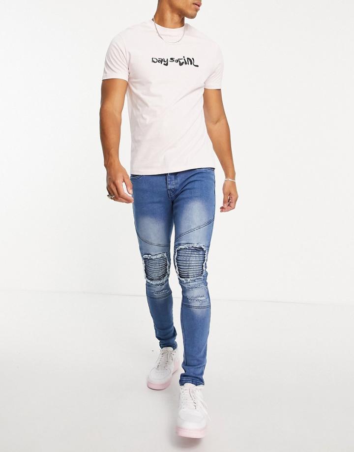 Soul Star Slim Fit Moto Jeans In Mid Blue-blues