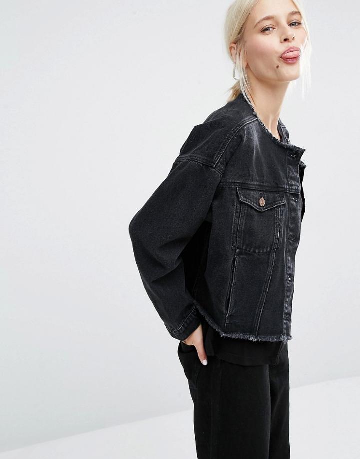 Monki Cropped Frayed Denim Jacket - Black