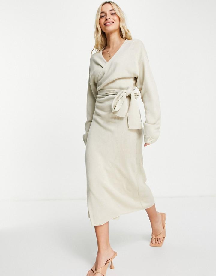 In The Style X Carys Whittaker Ribbed Knitted Wrap Midi Dress In Stone-neutral