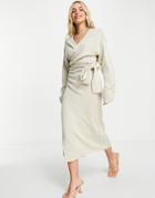 In The Style X Carys Whittaker Ribbed Knitted Wrap Midi Dress In Stone-neutral