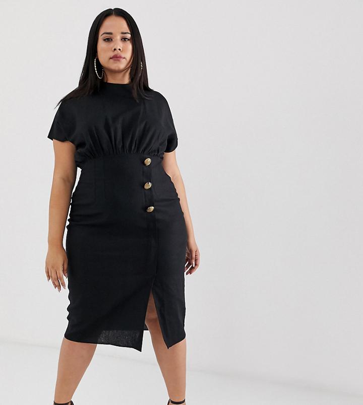Asos Design Curve Linen Midi Dress With High Neck And Tortoiseshell Buttons - Black