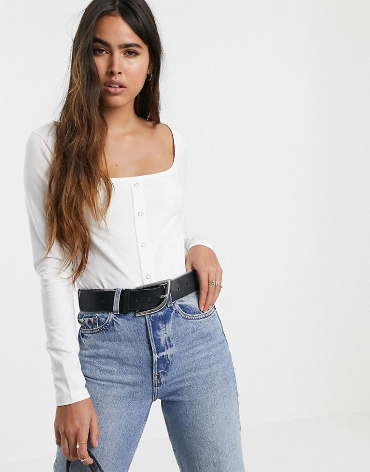 Warehouse Long Sleeved Top With Popper Detail In White