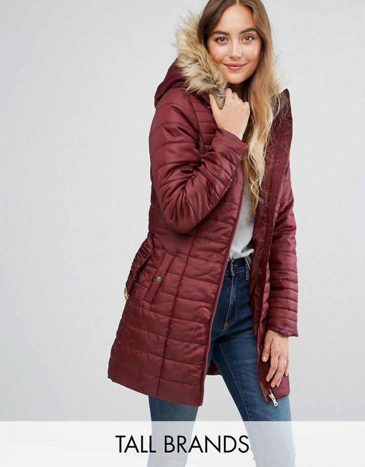 Vero Moda Tall Padded Faux Fur Belted Parka - Purple