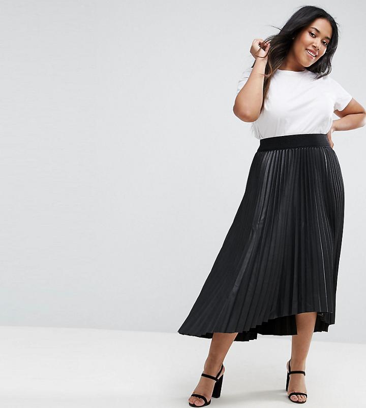 Elvi Black Pu Pleated Dip Hem Skirt - Black