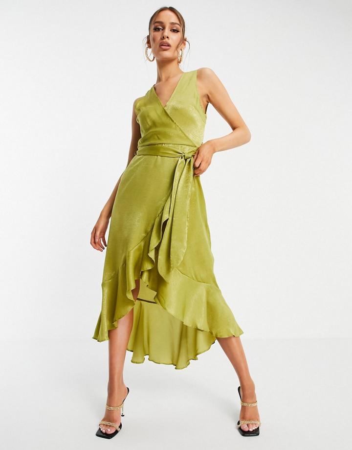 Ax Paris V Neck Satin Midi Dress In Gold-multi