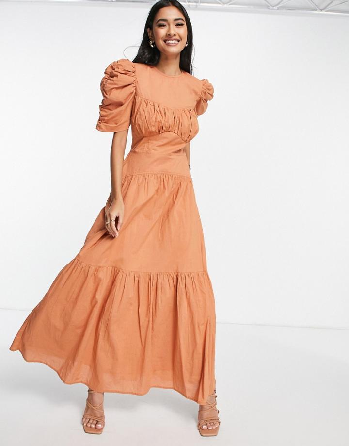 Asos Design Cotton Tiered Midi Dress With Ruched Sleeves And Button Back Detail In Rust-copper