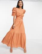 Asos Design Cotton Tiered Midi Dress With Ruched Sleeves And Button Back Detail In Rust-copper