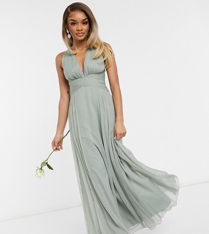Asos Design Petite Bridesmaid Ruched Bodice Drape Maxi Dress With Wrap Waist In Olive-green